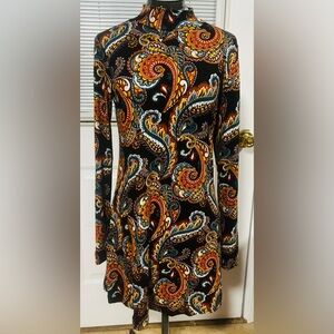 Altar'd State Black Paisley Long-Sleeve Dress with Orange, Teal & Gold Accents